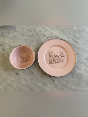 Golden Rabbit Pink enamelware Dish set with Silver Edge Bunny